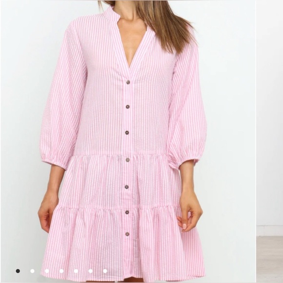 Petal & Pup Astro Pink Stripe Seersucker Babydoll Button Down Flowy Dress - Picture 4 of 14